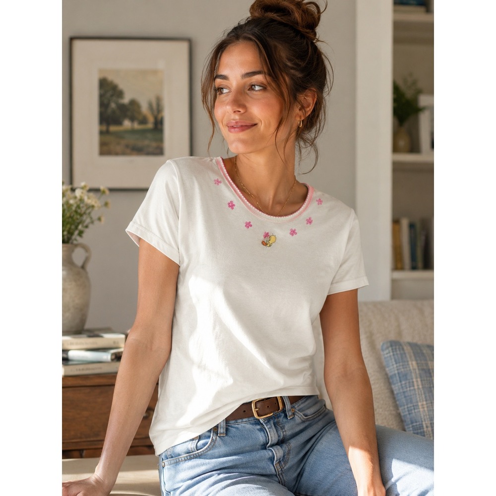 Vintage 2000‎ Warner Bros Studio Store Tweety Bird Baby Tee White Pink Medium